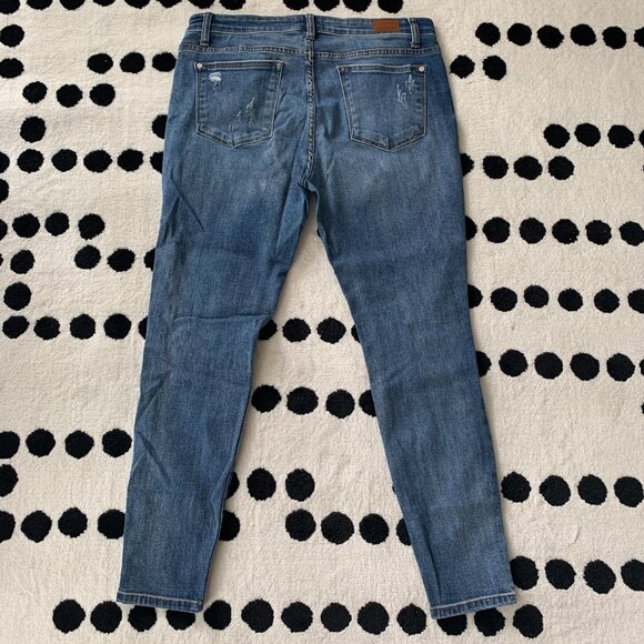 Judy Blue Mid Rise Dark Wash Distressed Stretch Denim Skinny Jeans - Picture 4 of 13